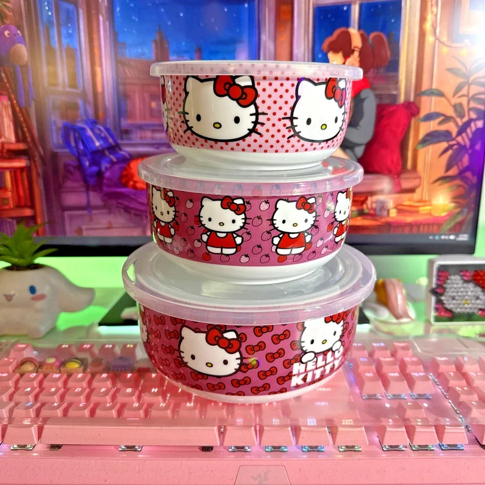 Sanrio Hello Kitty Ceramic Food Storage Bowls Set Lid Strawberry S M L 2023 READ